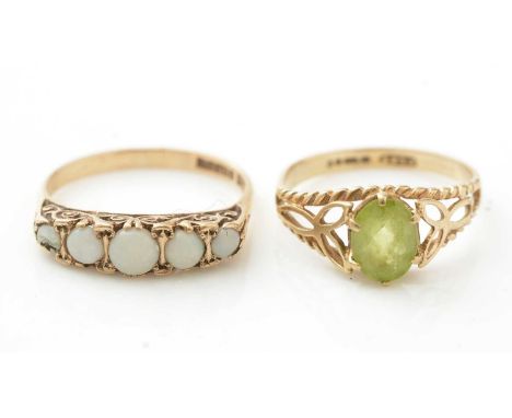 A five stone opal ring, in 9ct gold mount and shank, ring size O; and a peridot ring, in 9ct gold mount and shank, ring size 