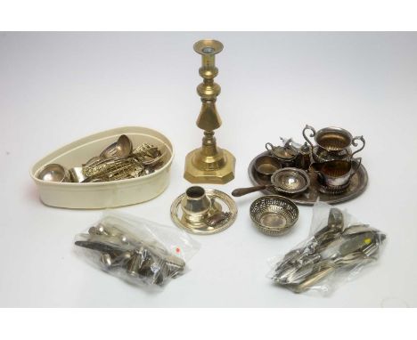 A collection of silver, silver plated and other metal wares, including: two silver napkin rings; silver pepper shaker; silver