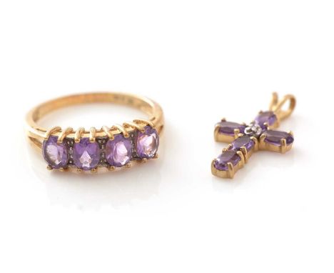 An amethyst and diamond ring and crucifix pendant, in 9ct yellow gold mounts, 3.5g gross.