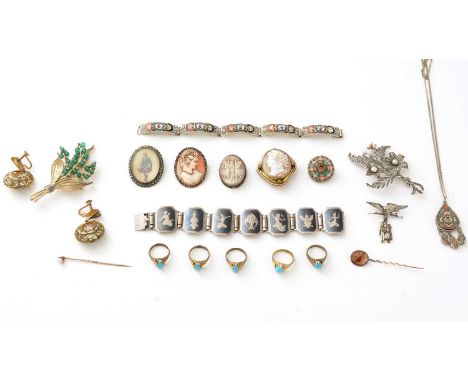 A silver gilt, marcasite and chrysoprase brooch; a marcasite and faux pearl brooch in silver mount; a silver Siam bracelet; t