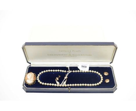 A cultured pearl necklace and earring set, retailed by Goldsmiths in conjunction with Walker and Hall, each element set with 