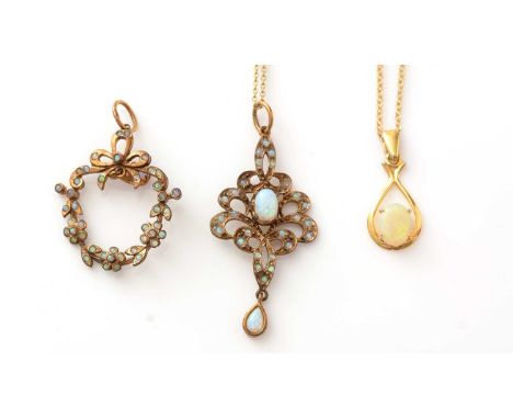 Three opal pendants, in gilt metal/silver mounts, two 9ct gold chains.