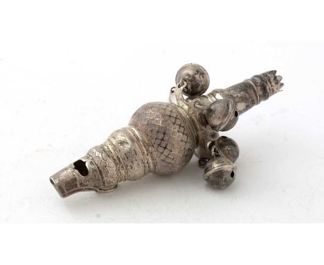 A George IV silver rattle, by Joseph Taylor, Birmingham 1827, with engraved design and bells, missing coral. 