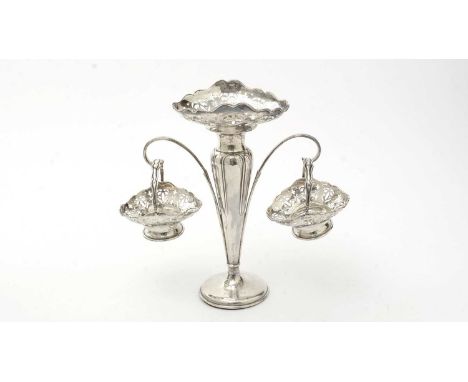 A silver epergne, by Robert Fead Mosley, Shefiled 1919, with pieced central vase with scrolling handles holding baskets, engr