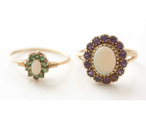 Two opal cluster rings, one with amethysts the other emeralds, in 9ct yellow gold mounts and shanks, ring size N/P.