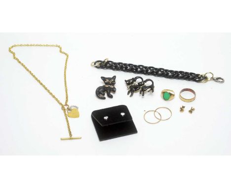 A collection of gold and costume jewellery, including: mid-Century chrysoprase and yellow gold signet ring, size L 1/2, marks