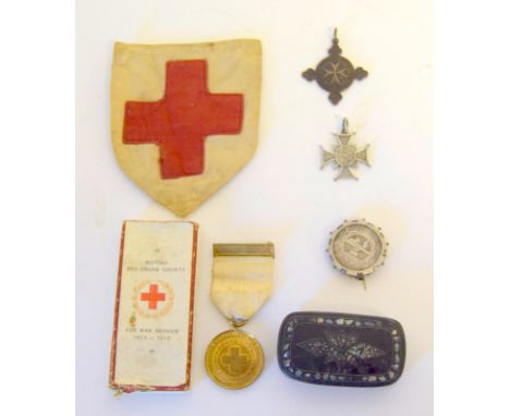 Papier Mache snuff box, Red Cross Long Service Medal and St Johns Ambulance medal