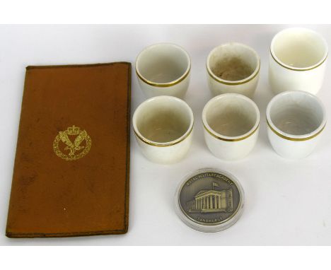 6 vintage Office's mess egg cups, RAF pigskin wallet and a Royal Military Academy Sandhurst Medallion