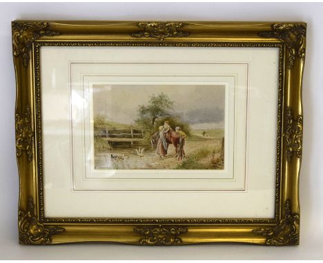 English School. Children Playing with a Horse in Rural setting. Watercolour bearing monogram B.F. 14.5 x 22.5