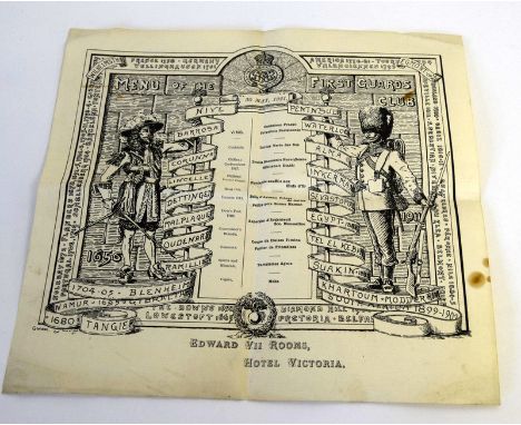 A printed menu from the First Guards Club dated 30th May 1921 in the Edward VII Rooms at the Hotel Victoria. 26cms by 24.5cms