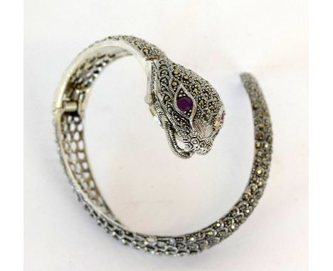 An Impressive Silver And Marcasite Snake Bangle With Enclosed Watch With Garnet Eyes