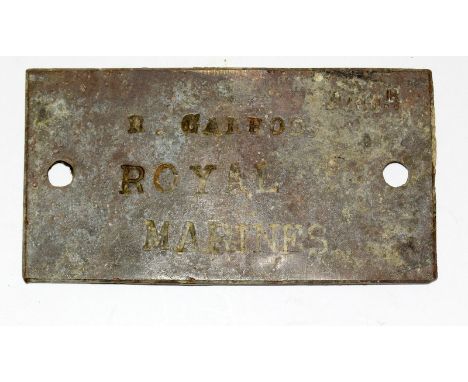 A copper Regimental bed plate impressed: R. GARROD. ROYAL MARINES. 10cms x 5.5cms