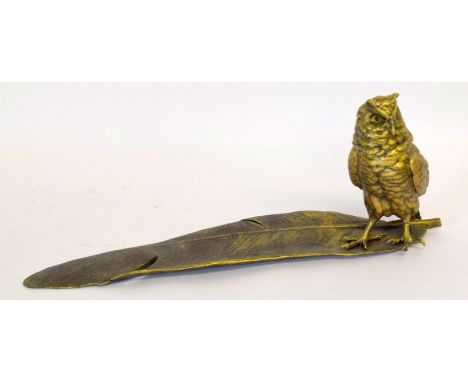 A Bronze Inkstand With Owl Quill Pot Signed To The Base