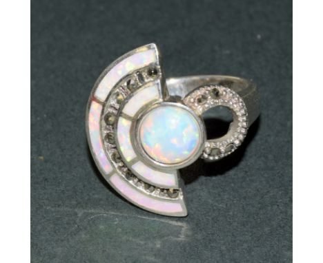 A Silver Art Deco Style Ring Set With Opal And Marcasite