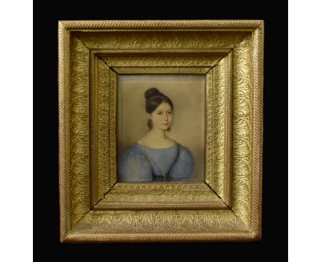 {Miniatur: Portrait der Charlotte Sybold} (1817 - 1842). Undeutlich sign. und 1835 dat. Auf Papier. 10,5 x 8,5 cm. Gl.u.R