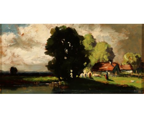 {Maler 1. Hälfte 20. Jh.} Undeutlich sign. Weidelandschaft mit Teich. Öl/Ktn. 10 x 19,5 cm. R