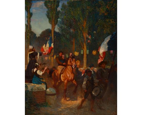{René Théry. 1870 - 1960 Lannion.} Sign. 1910 dat. Nationalfeiertag in Frankreich. Der Bürgermeister hoch zu Pferd. Mädchen i