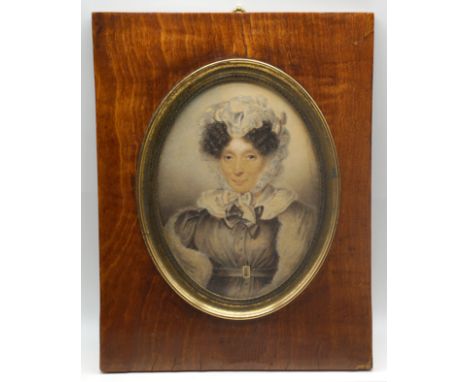 {Miniatur: Portrait einer Dame.} Aquarell. Um 1840. Oval, 13 x 9,8 cm. Gl.u.R