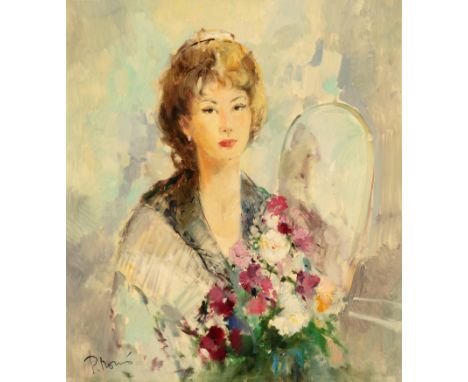 {Ingfried Paul Henze-Morro. 1925 Leipzig - 2013 Gardasee.} Sign. Portrait einer jungen Frau mit Blumenstrauß. Öl/Lwd. 80 x 70