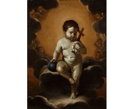 {Barockmaler des frühen 18. Jh.} Jesusknabe als Weltenherrscher mit Kreuz und Weltkugel, umgeben von Putti in den Wolken. Öl/