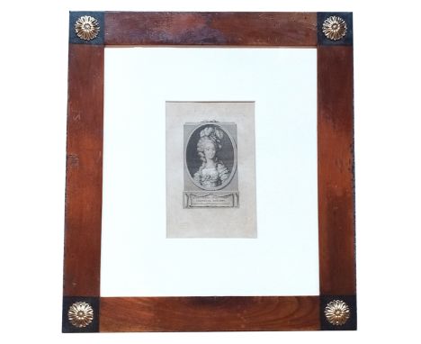 {Biedermeierrahmen.} Kirschbaum. Ebonisierte Ecken mit Messingrosetten. Anf. 19. Jh. Lichtes Maß 34 x 29,5 cm. Inliegend Kupf