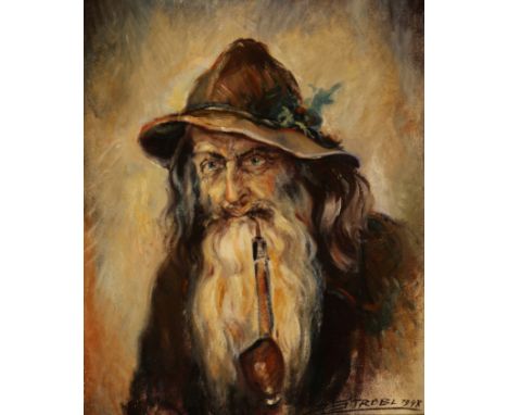 {Hans Strobl. 1913 Bezau - 1974 Schwarzach.} Sign. und 1948 dat. Portrait eines Bergbauern aus Vorarlberg. Öl/Lwd. 55 x 44 cm