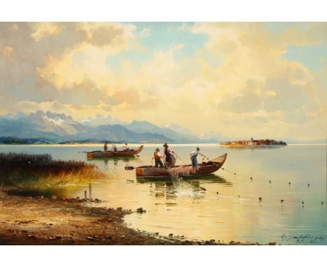 {Helmut Stadelhofer. 1914 Konstanz - 1979 München/Verona.} Sign. und Ortsbez. München. Fischer am Chiemsee mit Blick auf die 