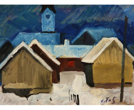 {Leopold Fetz. 1915 Reuthe - 2012 Bregenz.} Sign. Verso 1989 dat. und bet. "Kleines Dorfbild". Dorf im Winter. Öl/Lwd. 30 x 4