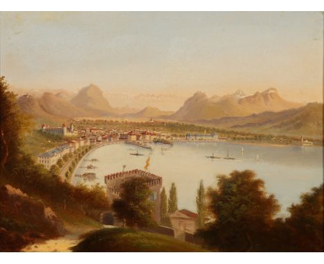 {Vedutenmaler Mitte - 2. Hälfte 19. Jh.} Blick von der Klause auf Bregenz, den Alpstein und das Rheintal. Öl/Ktn. 18,5 x 24,5