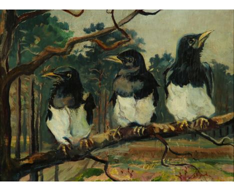 {Max Maier-Rott. 1896 - Berlin - 1980.} Sign. Drei Elstern auf Ast. Öl/Holz. 30 x 39,5 cm. R