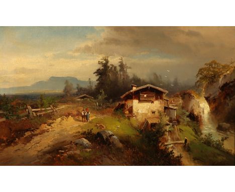 {Nikolaus von Astudin. 1848 Moskau - 1925 Oberlahnstein bei Koblenz.} Sign. Voralpenlandschaft mit alter Mühle und Figurensta