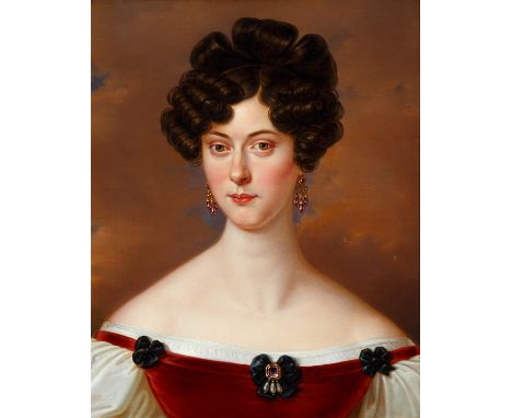 {Portraitist des 19. Jh.} Junge Frau mit Pendeloques, schulterfreiem Kleid und feinem Schmuck. Öl/Lwd. 53,5 x 43 cm. R