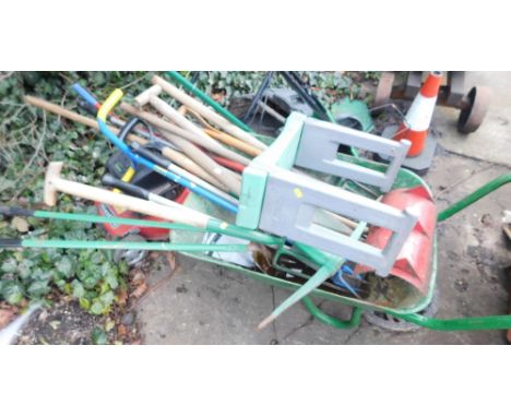 Various hand tools, wheelbarrow, gardening aide, etc. (a quantity) 