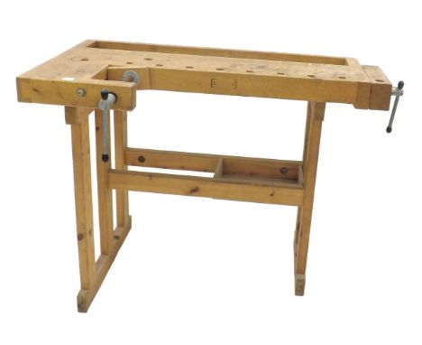 Old pine work bench with fitted vice and clamp, 46" wide overall; also a quantity of good old tools including a large number 