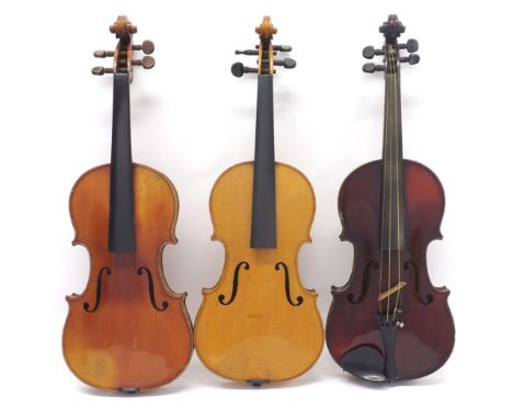 French Breton Brevete three-quarter size violin labelled and branded Breton on the button, 12 15/16", 35.40cm; also two other