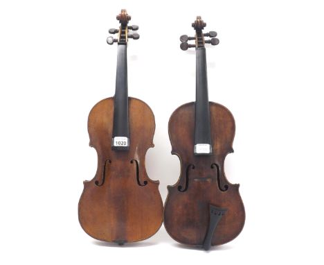 French violin branded Nicolas Mathieu below the button, 14 5/16", 36.40cm; also another late 19th century violin, 14 1/16", 3