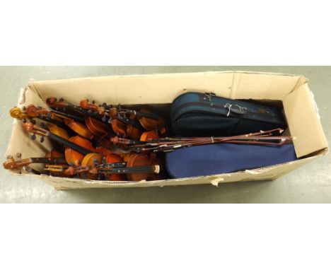 *Thirteen various size contemporary student quality violins; also five student child's violin outfits and a small quantity of