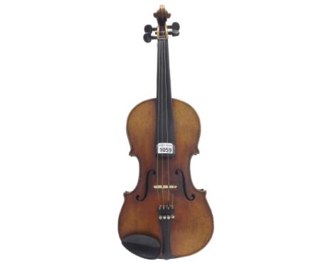 German Stradivarius copy violin circa 1900, 14 1/8", 35.90cm, two bows, case