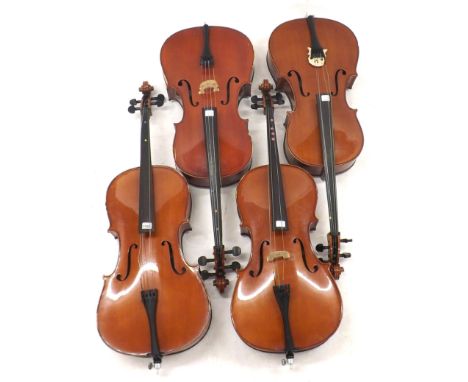 *Four various contemporary small student violoncellos (4) (all at fault) *This lot is subject to VAT of 20% on the hammer pri