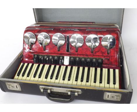 Parrot 120 button piano accordion, red pearloid finish, case