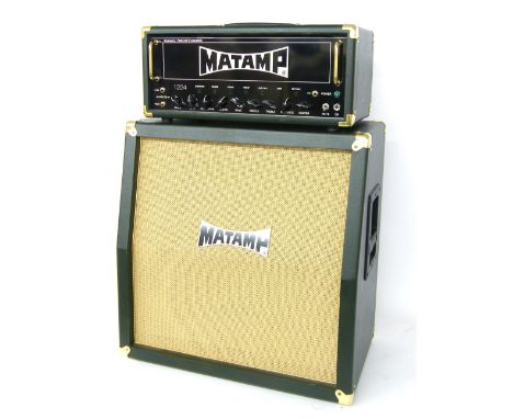 Matamp 1224 amplifier head unit, with matching 212A speaker cabinet, both with green leather exterior, appears to be in worki