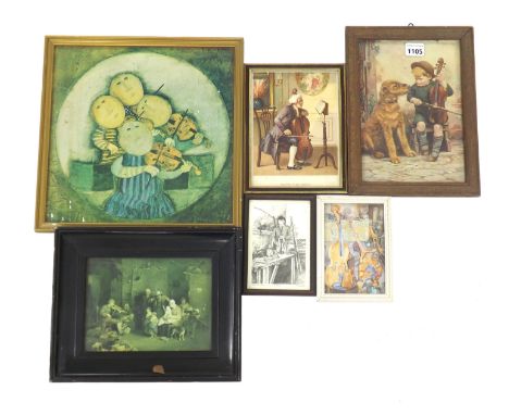 Pears style print - boy seated playing a violin with his dog in attendance, 9.5" x 6.5", framed; also five other framed colou
