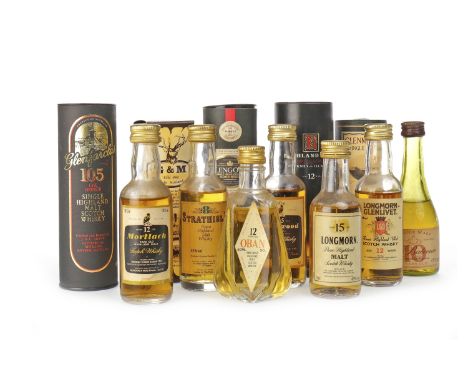 TWELVE SINGLE MALT SCOTCH WHISKY MINIATURESTo include: Glenmorangie aged 18 years (43%), Glengoyne aged 17 years (43%), Highl
