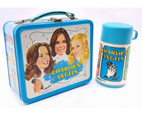 Aladdin Industries Charlies Angels 1978 metal lunchbox, with clean plastic flask/thermos, scratches throughout and some small