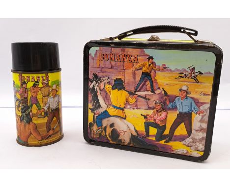 Bonanza Western Cowboy 1960s Metal Lunchbox &amp; Thermos/Flask, Aladdin Industries, made in USA, generally Fair to Good (scr