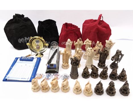 Harry Potter group including: Chess Set Pieces with bags, Time-Turner, plus others, unchecked for completeness or correctness