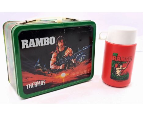 Thermos Rambo 1985 metal lunchbox, with clean plastic flask/thermos, scratches throughout and some small areas of surface rus