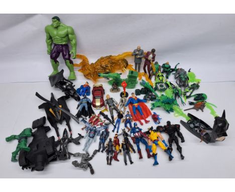 Assortment of loose DC &amp; Marvel action figures inc. Batman, Green Lantern. Unchecked for completeness. Condition fair to 