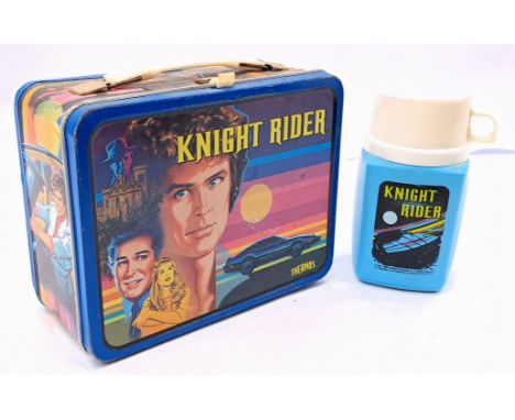 Thermos Knight Rider 1982 metal lunch box, with clean plastic flask/thermos, some dents, scratches throughout and some small 