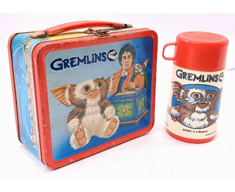 Aladdin Industries Gremlins 1984 metal lunch box, with clean plastic flask/thermos, scratches throughout and some small areas